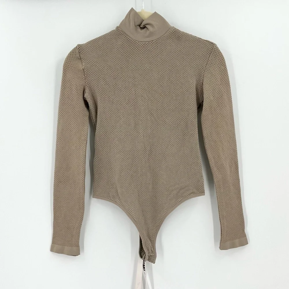 HOUSE OF CB Shadow Mocha Tan Knitted Stretch Mesh Bodysuit Long Sleeve M/L NEW_9